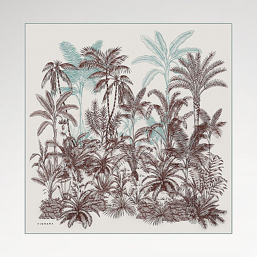 Ecru Exotic Oasis Patterned Twill Silk Square Scarf