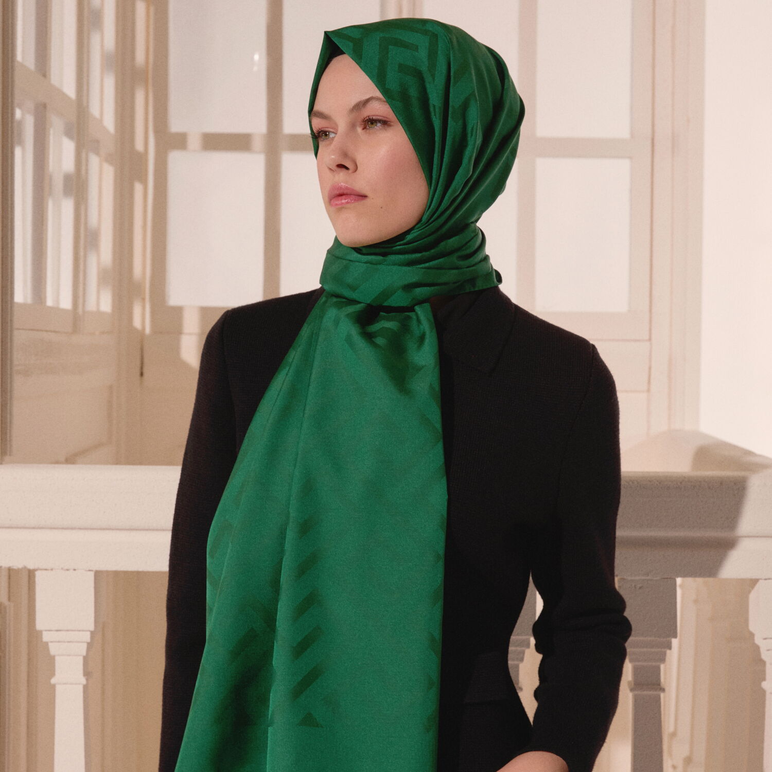 Emerald Green G Pattern Jacquard Wool Silk Scarf - 6