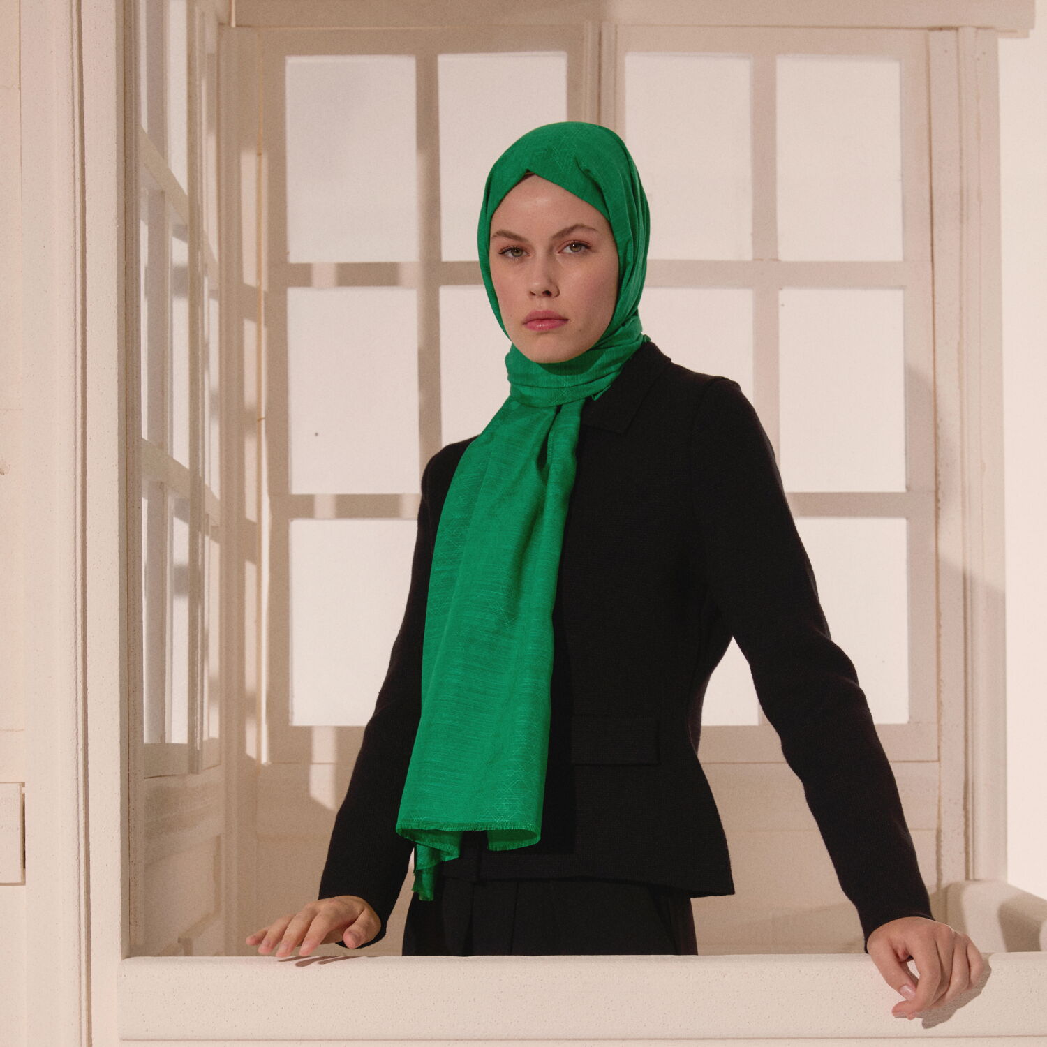 Emerald Green Monogram Pattern V Jacquard Cotton Silk Scarf - 4