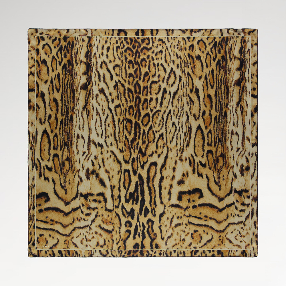 Gold Leopard Motif Pattern Twill Silk Square Scarf - Vismara