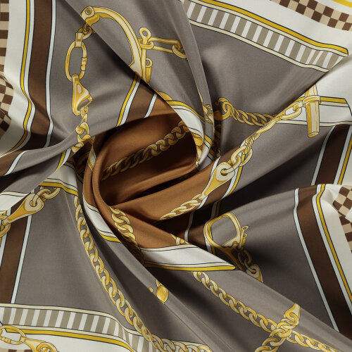 Gray Brown Chain Dance Patterned Silk Square Scarf - Vismara