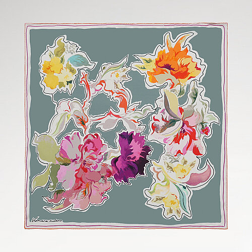 Green Abstract Flora Pattern Twill Silk Square Scarf