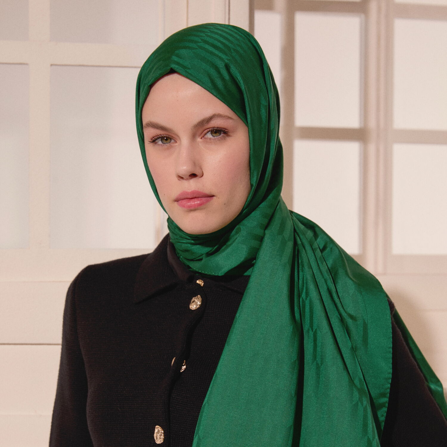 Green Drop Pattern Jacquard Wool Silk Scarf - 4