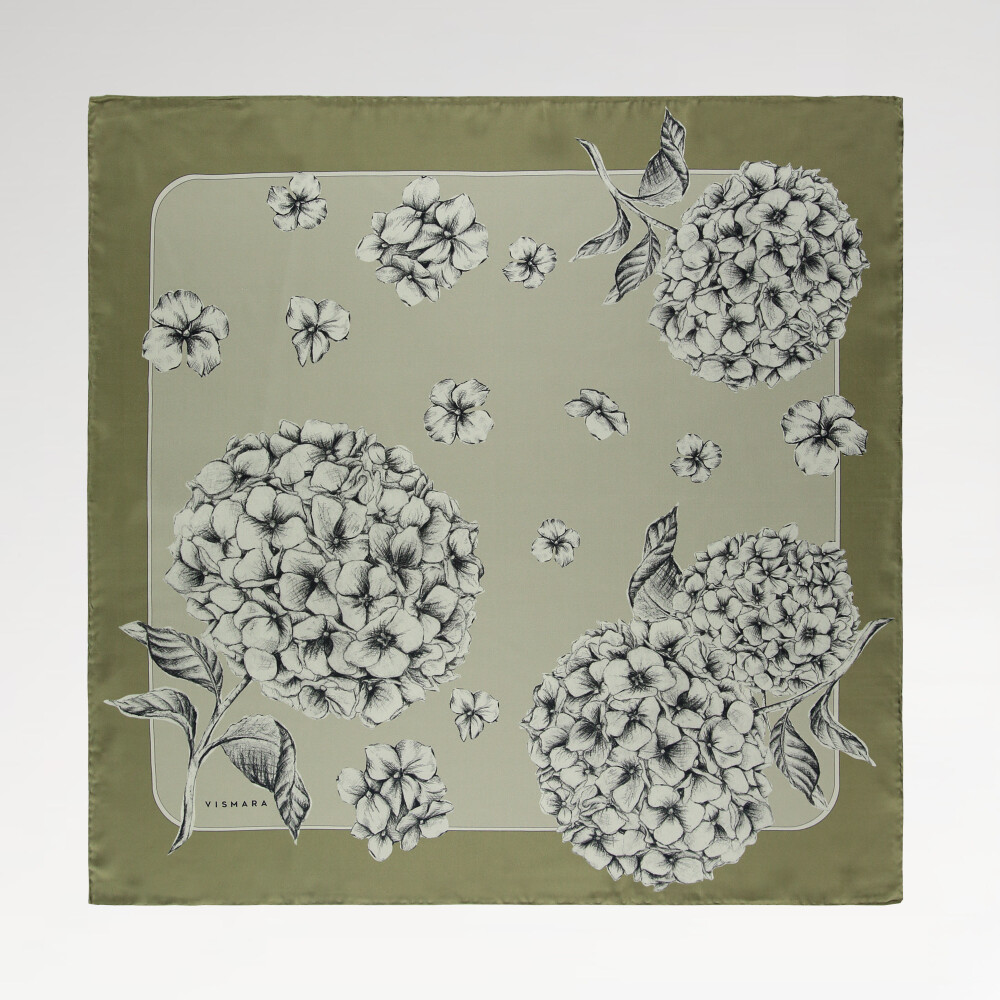 Green Hydrangea Flower Patterned Twill Silk Square Scarf