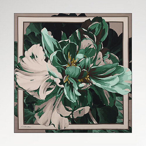 Green Peony Flower Patterned Twill Silk Square Scarf