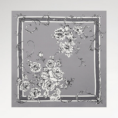 Grey Baroque Rose Patterned Twill Silk Square Scarf