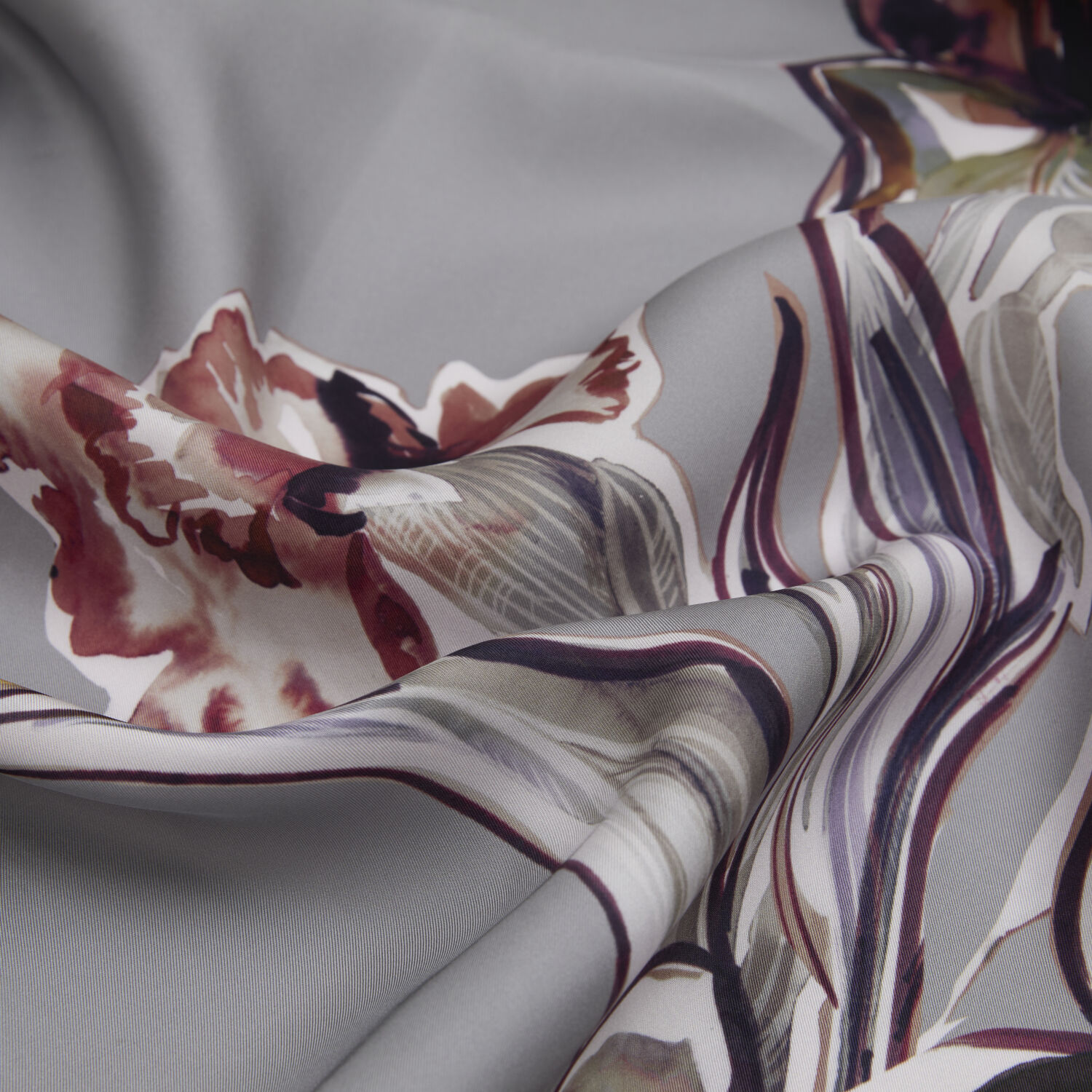 Grey Carnation and Lily Flower Patterned Twill Silk Square Scarf - 2