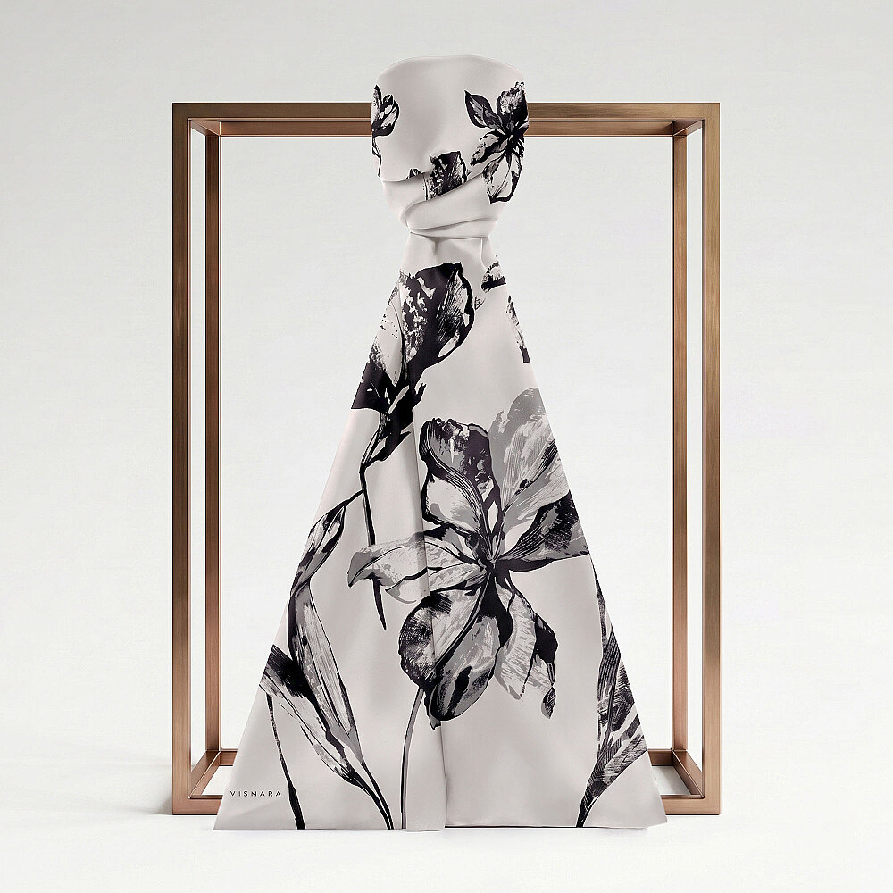 Grey Charcoal Lily Patterned Silk Scarf - 1