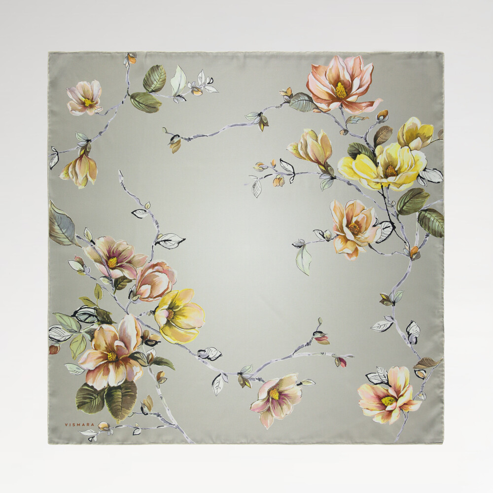 Grey Magnolia Flower Patterned Twill Silk Square Scarf