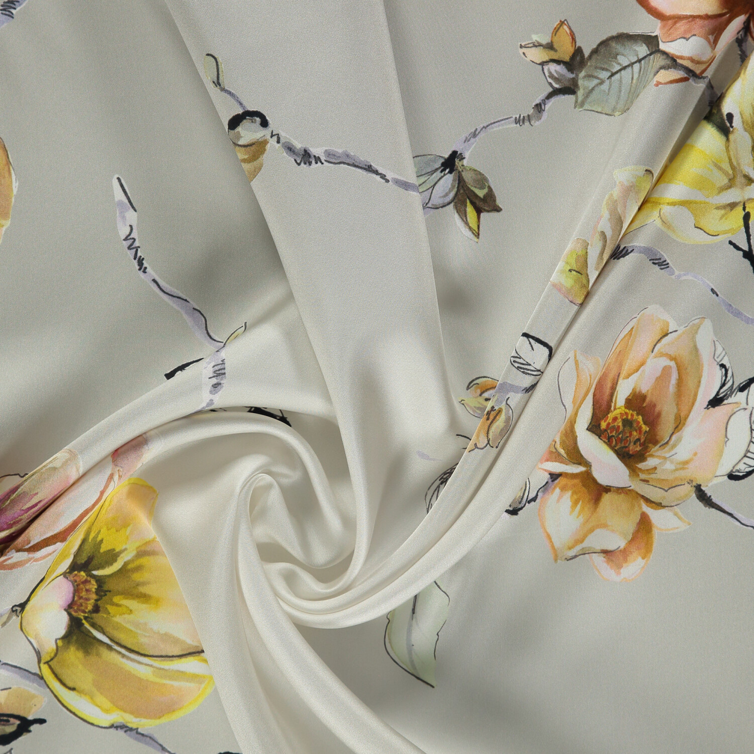 Grey Magnolia Flower Patterned Twill Silk Square Scarf - 2
