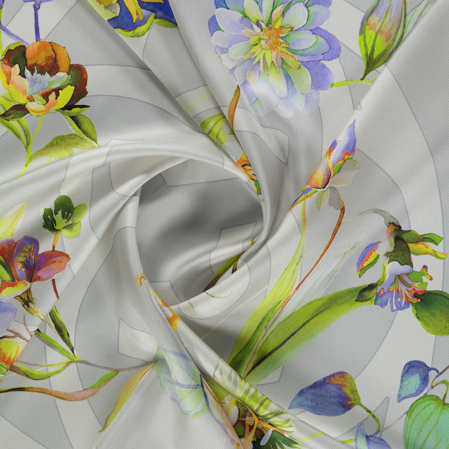 Gri Flora Sembol Desen Twill İpek Eşarp - 2