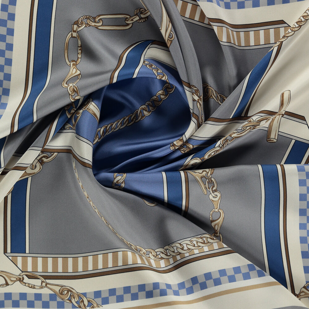 Gri Mavi Zincirlerin Dansı Desenli Twill İpek Eşarp - 2