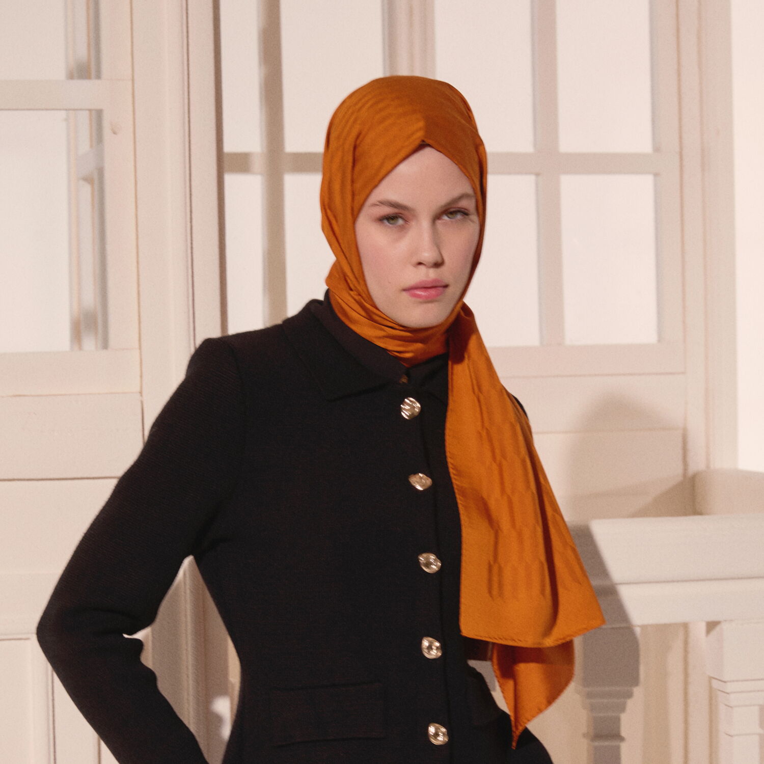 Hardal Damla Desen Jakarlı Yün İpek Şal - 4