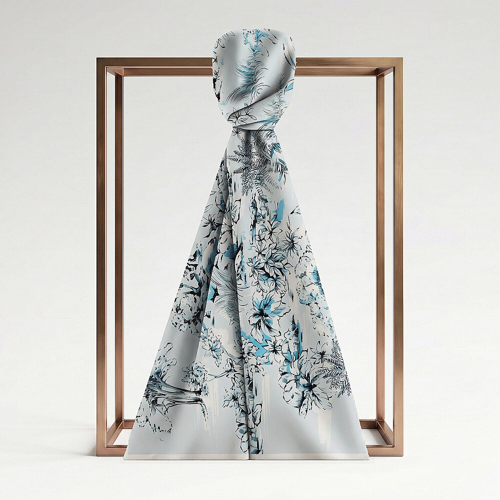 Ice Blue Toile Garden Pattern Silk Scarf - 1