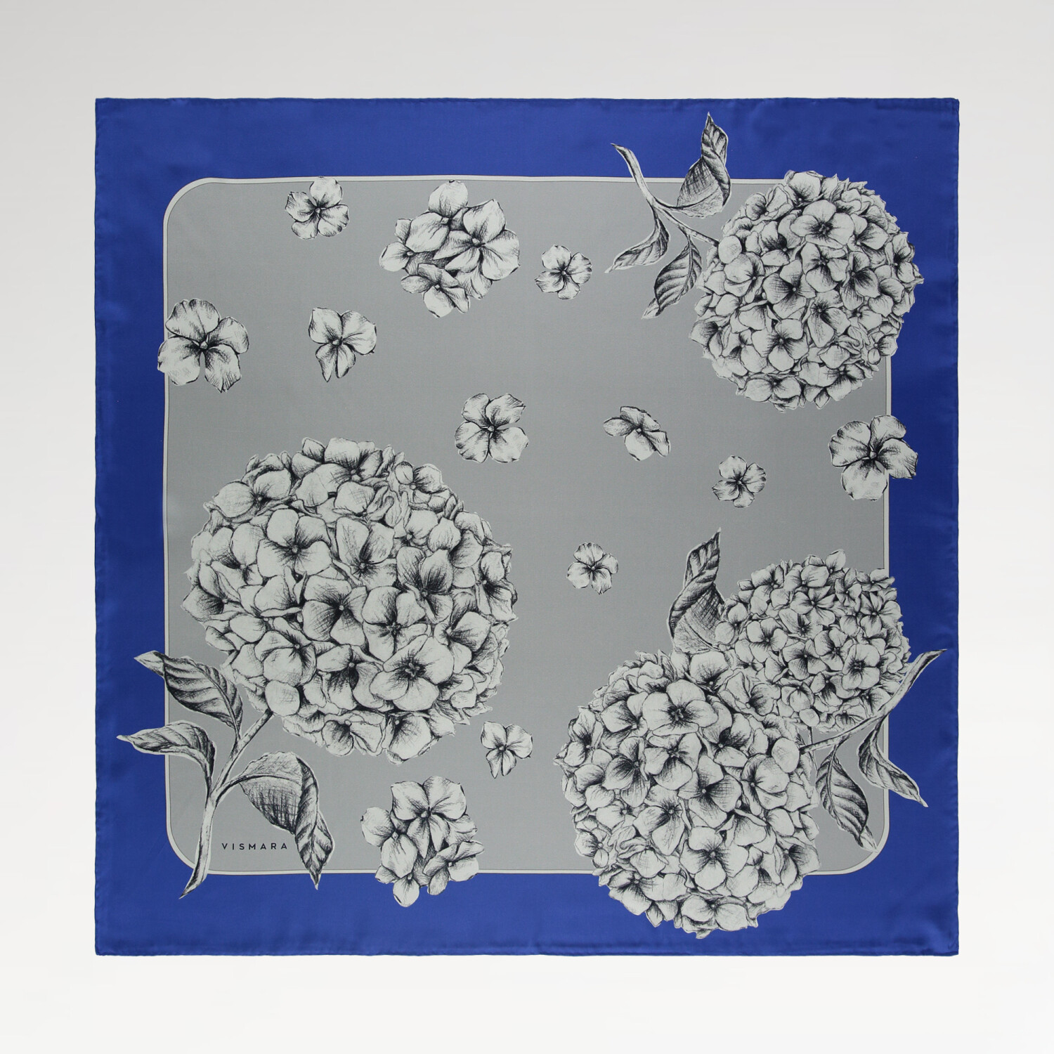 Indigo Hydrangea Flower Patterned Twill Silk Square Scarf - 1