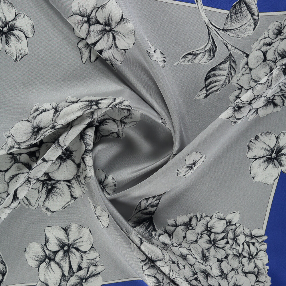 Indigo Hydrangea Flower Patterned Twill Silk Square Scarf - Vismara