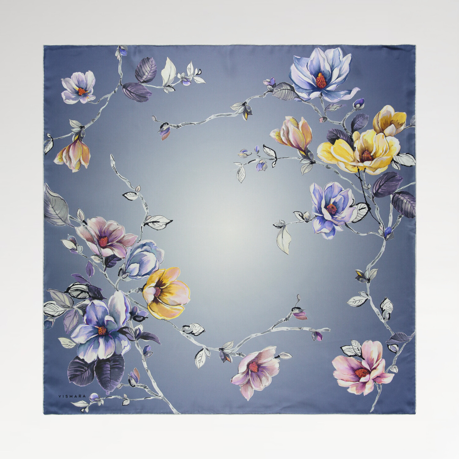 Indigo Magnolia Flower Patterned Twill Silk Square Scarf - 1