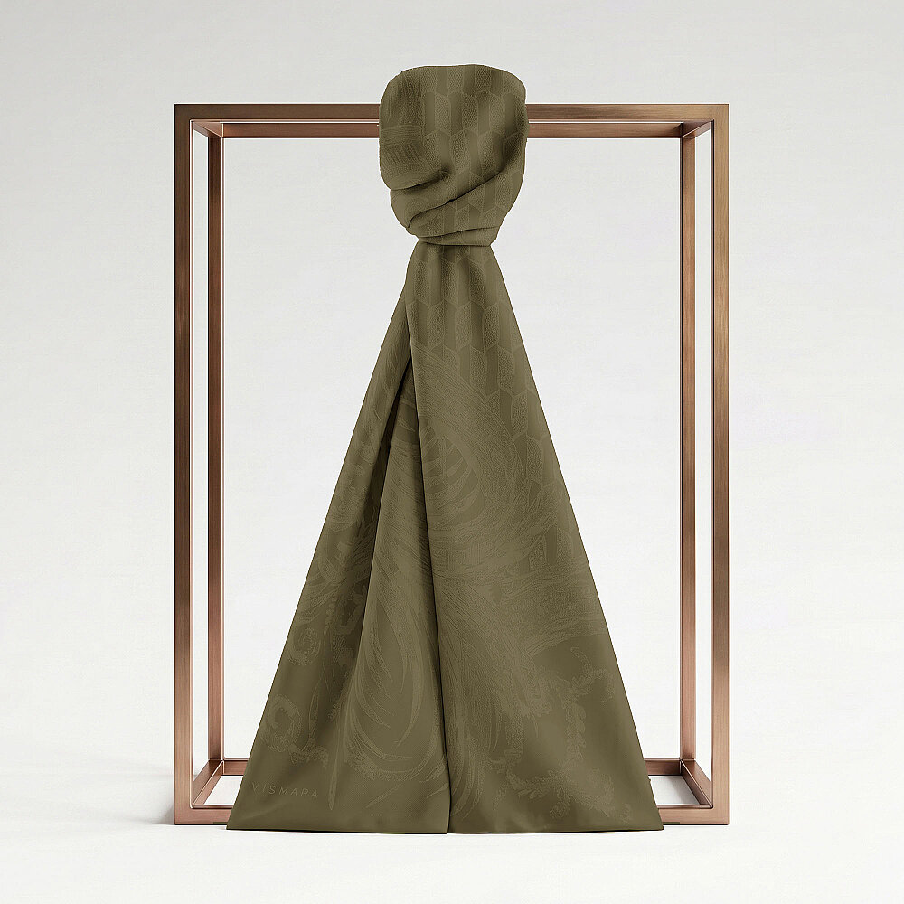 Khaki Royal Textured Jacquard Cotton Silk Scarf - 1
