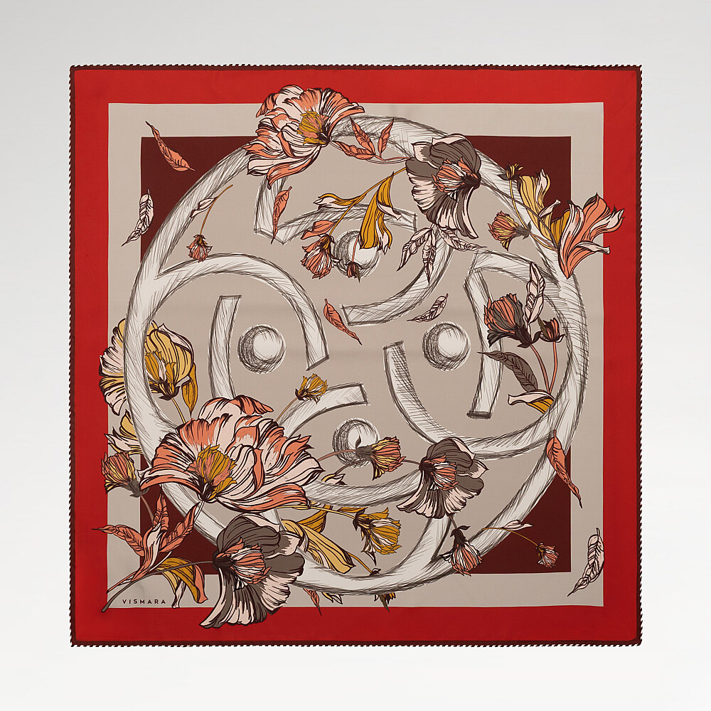 Kırmızı Flora Viva Desenli İpek Eşarp - 1