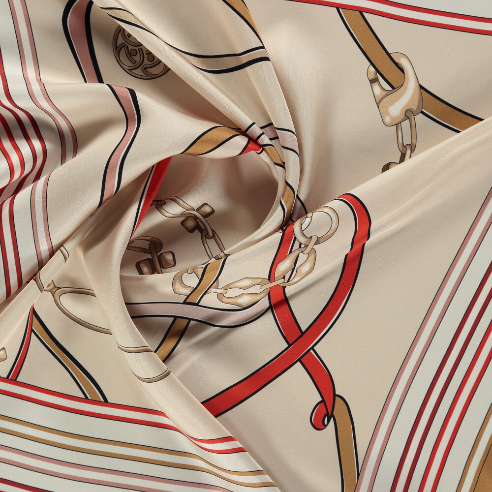 Kırmızı Monogram ve Zincir Desenli Twill İpek Eşarp - 2