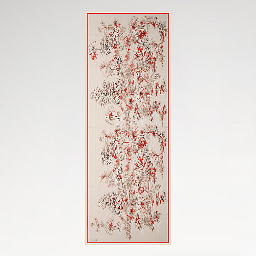 Kırmızı Toile Bahçe Desenli İpek Şal - Vismara