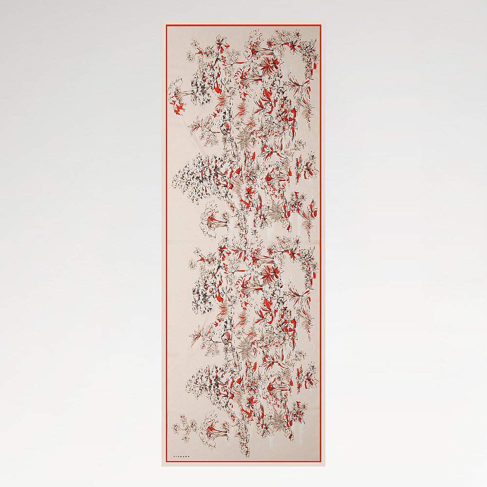 Kırmızı Toile Bahçe Desenli İpek Şal - 2
