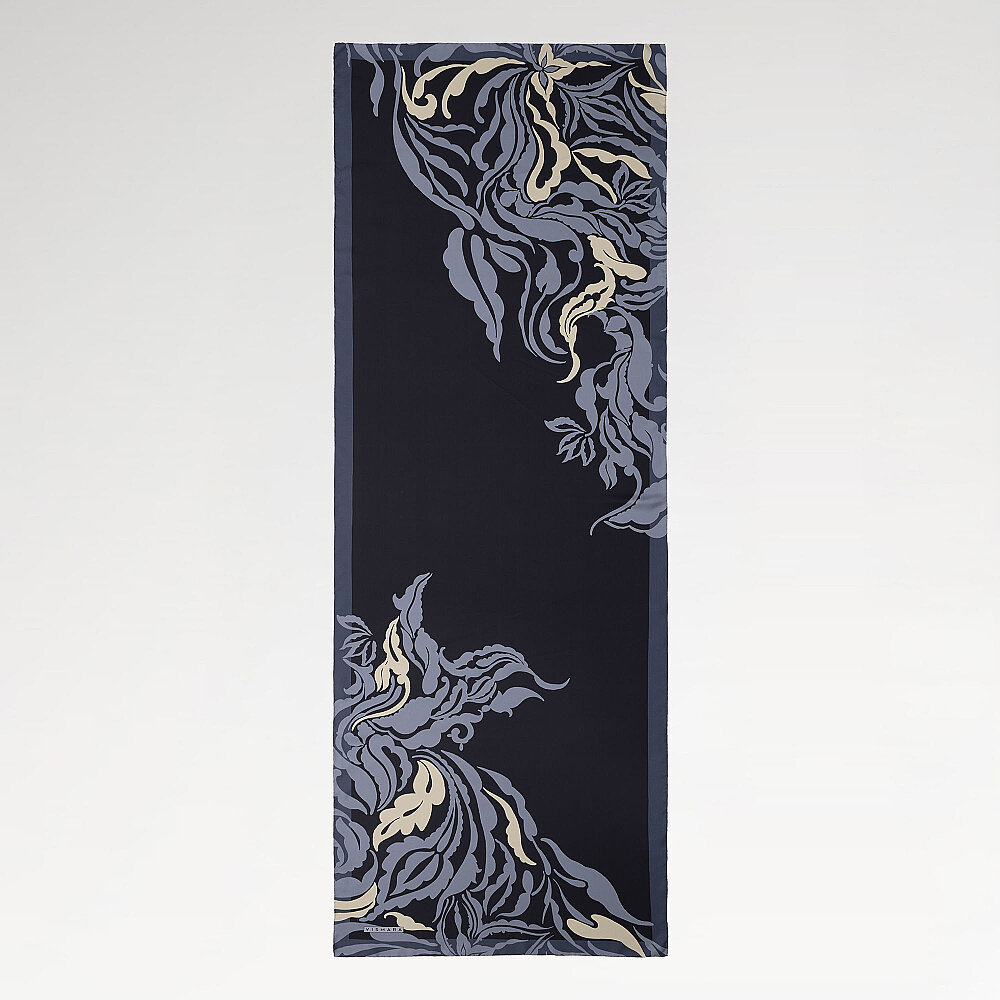 Lacivert Barok Floral Desenli İpek Şal - 2