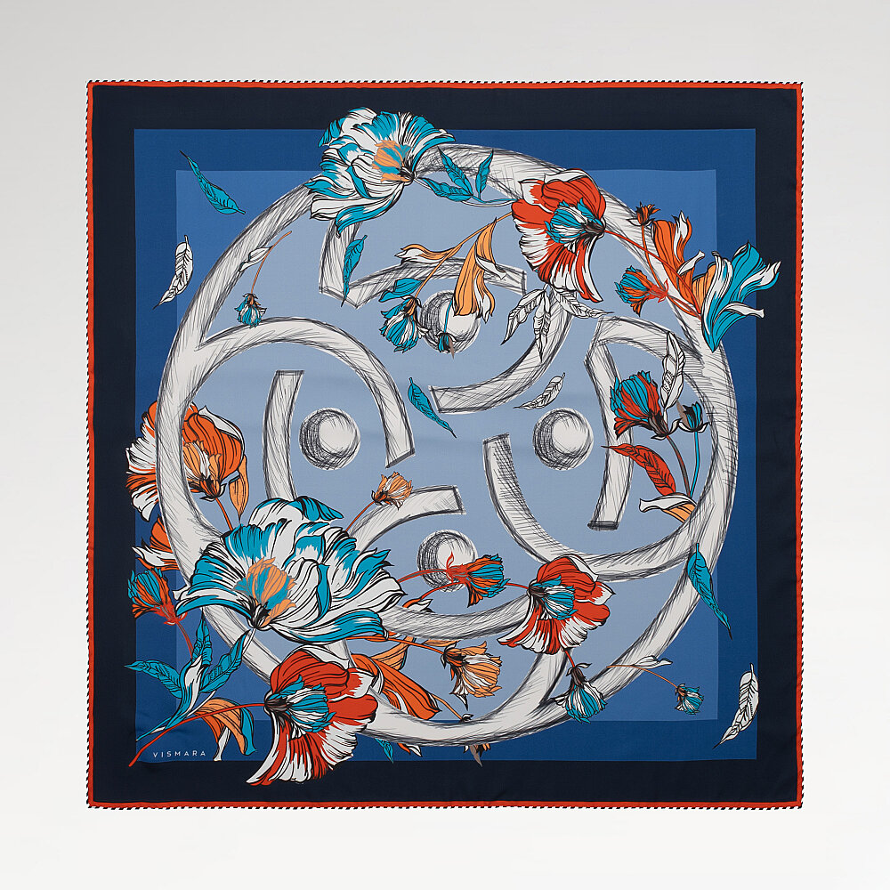 Lacivert Flora Viva Desenli İpek Eşarp - 1