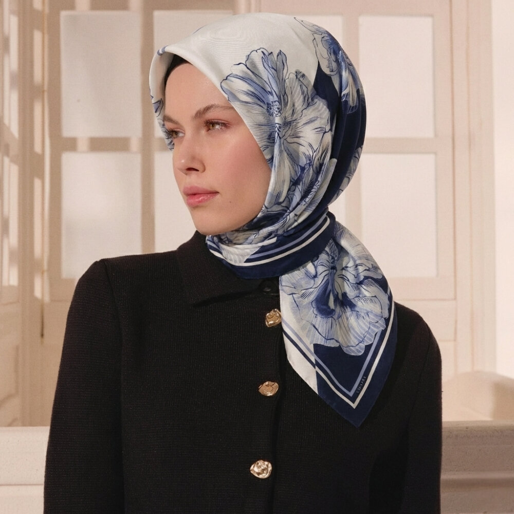 Lacivert Linea Fiora Desen Twill İpek Eşarp - 3