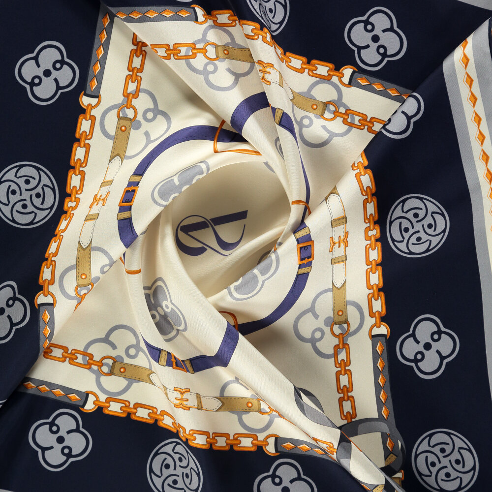 Lacivert Vismara Monogram Zincir Desenli Twill İpek Eşarp - 2
