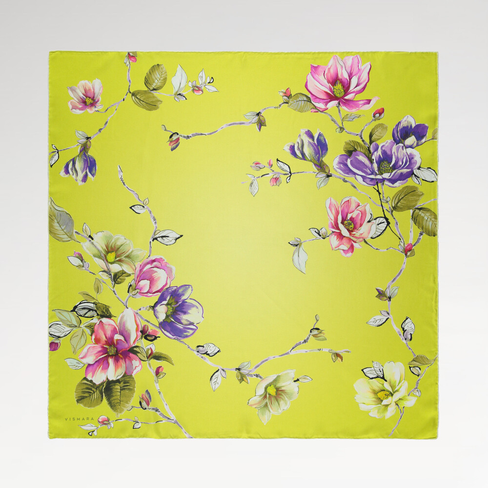 Lemon Yellow Magnolia Flower Patterned Twill Silk Square Scarf