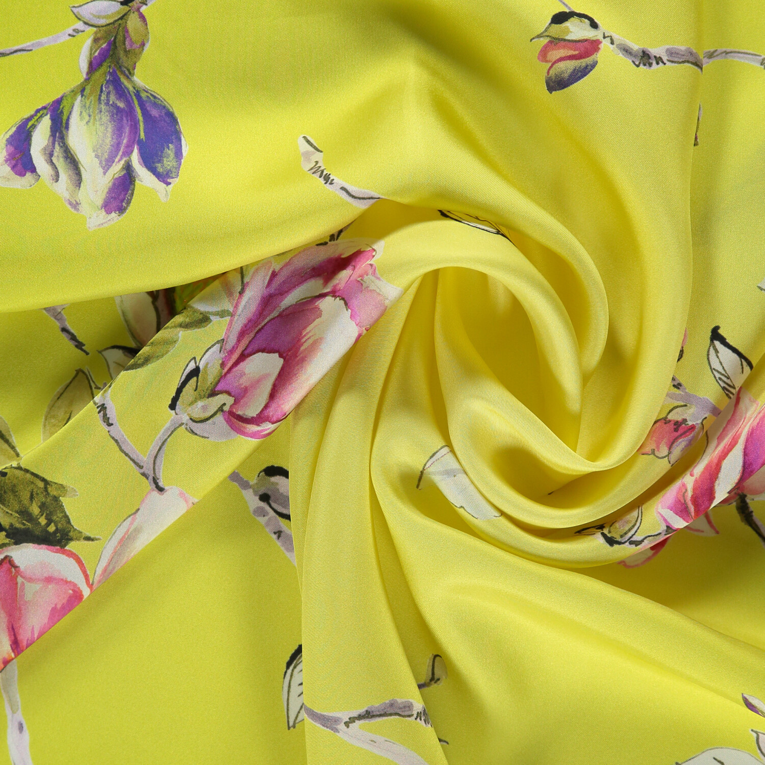 Lemon Yellow Magnolia Flower Patterned Twill Silk Square Scarf - 2