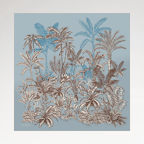 Light Blue Exotic Oasis Patterned Twill Silk Square Scarf