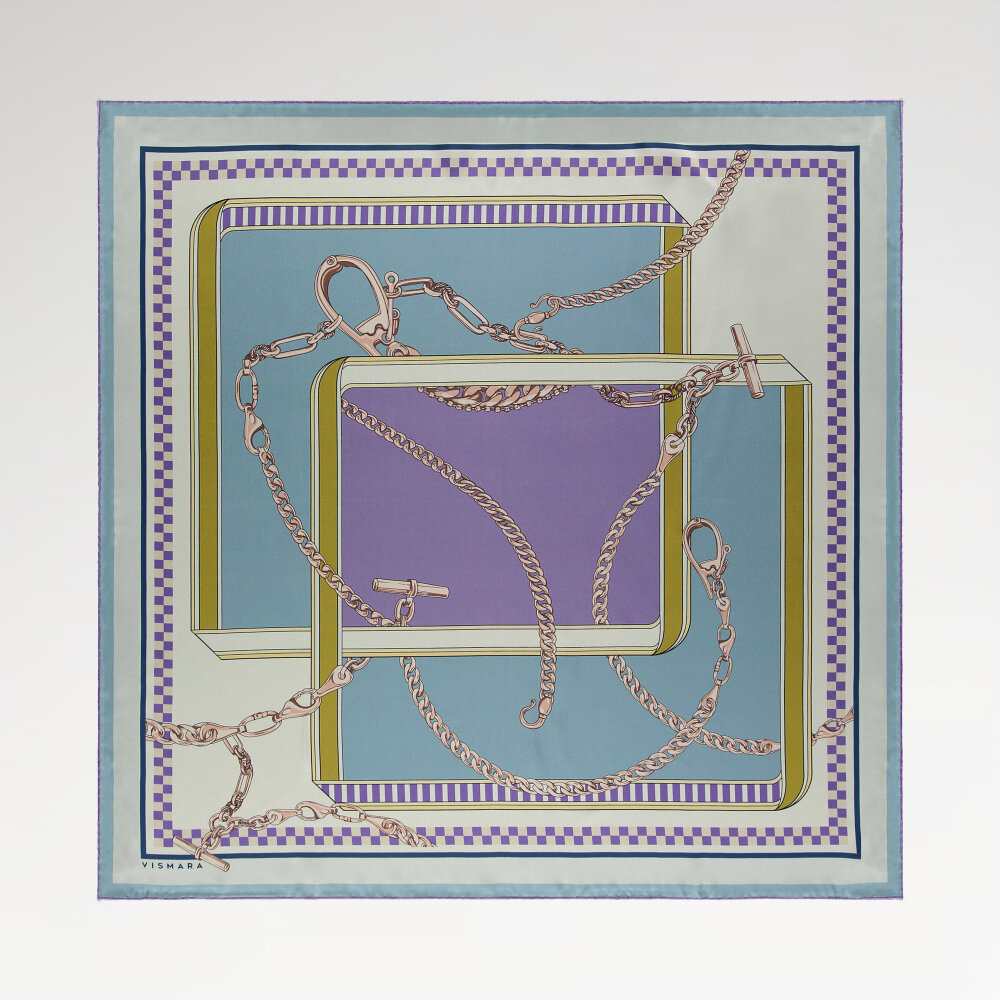 Light Blue Purple Chain Dance Patterned Silk Square Scarf - 1