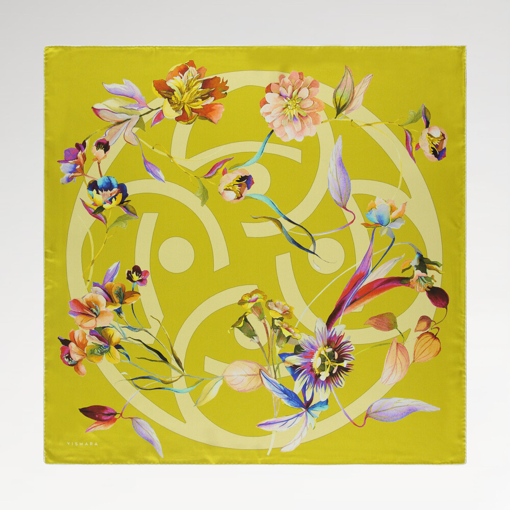 Light Green Flora Symbol Pattern Twill Silk Square Scarf - Vismara