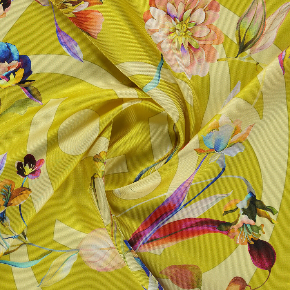 Light Green Flora Symbol Pattern Twill Silk Square Scarf - Vismara