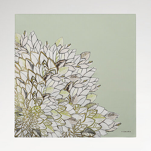 Light Green Floral Leaf Pattern Twill Silk Square Scarf