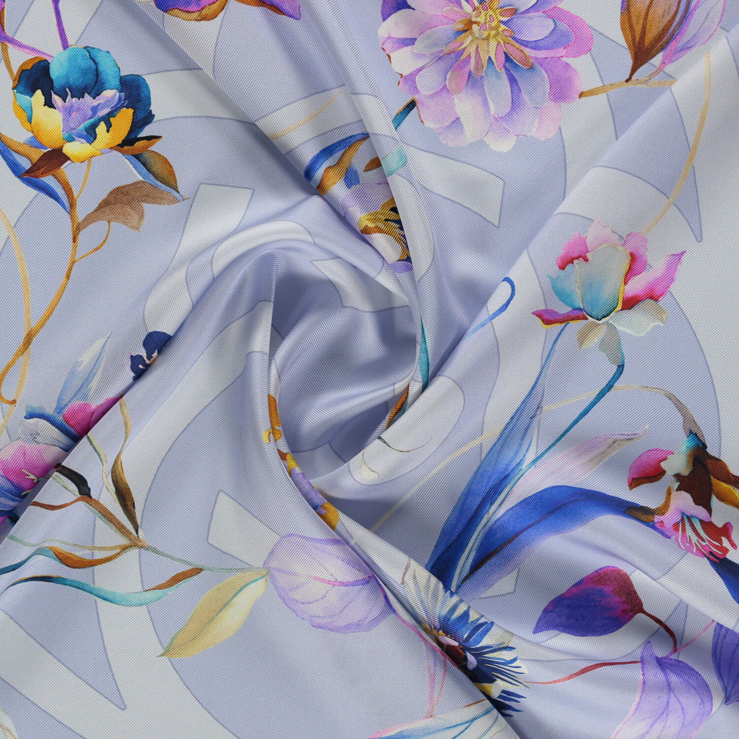 Lilac Flora Symbol Pattern Twill Silk Square Scarf - 2