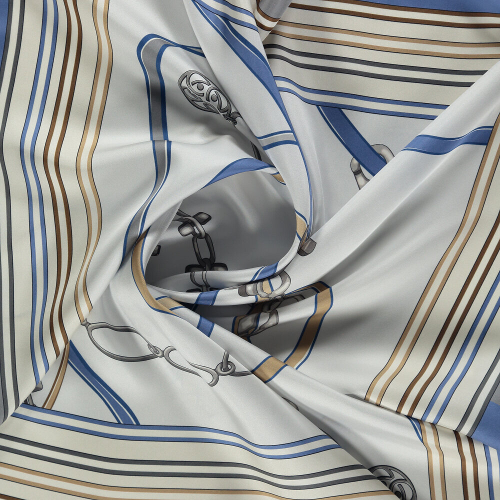 Mavi Monogram ve Zincir Desenli Twill İpek Eşarp - 2