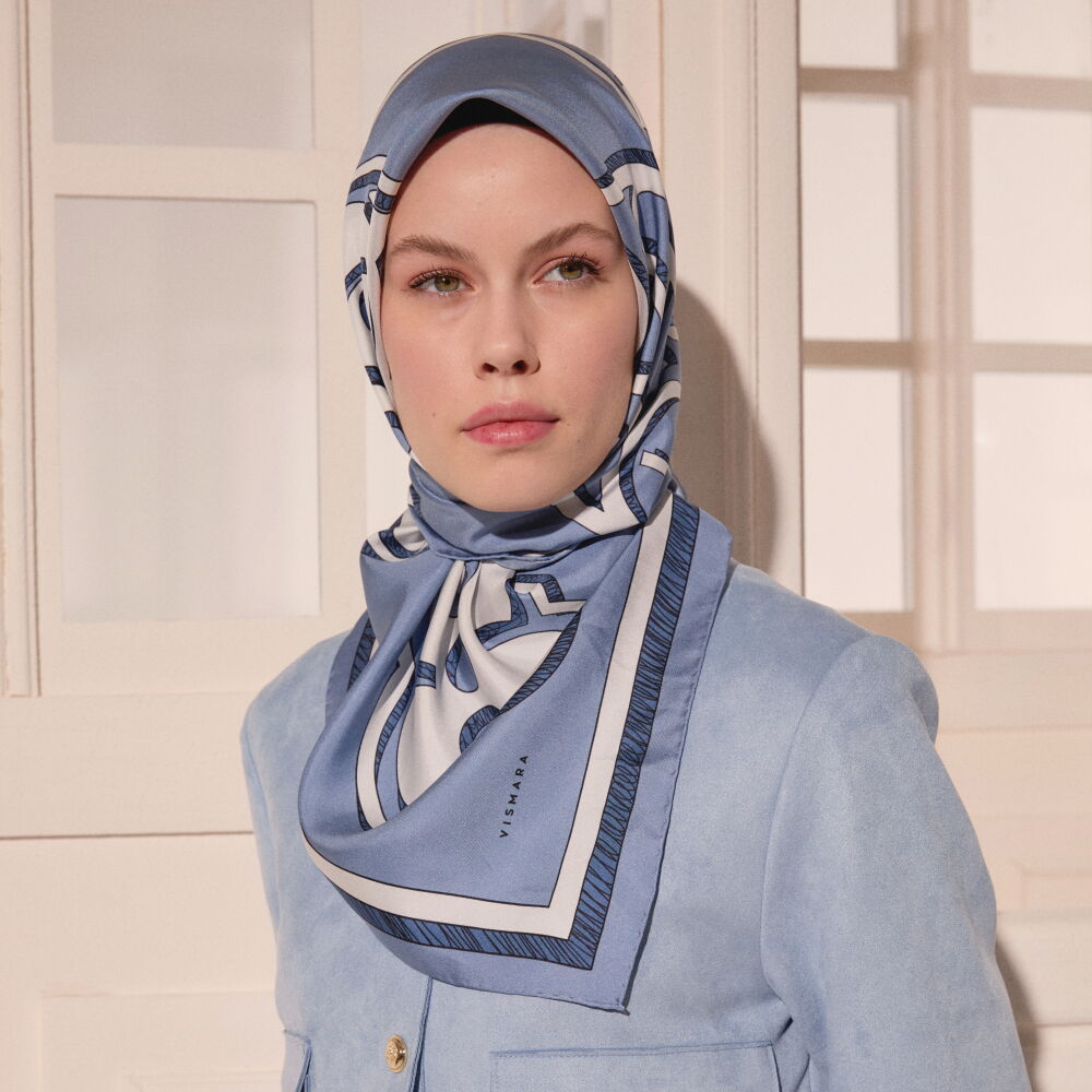 Mavi Vismara Monogram Desenli Twill İpek Eşarp - Vismara