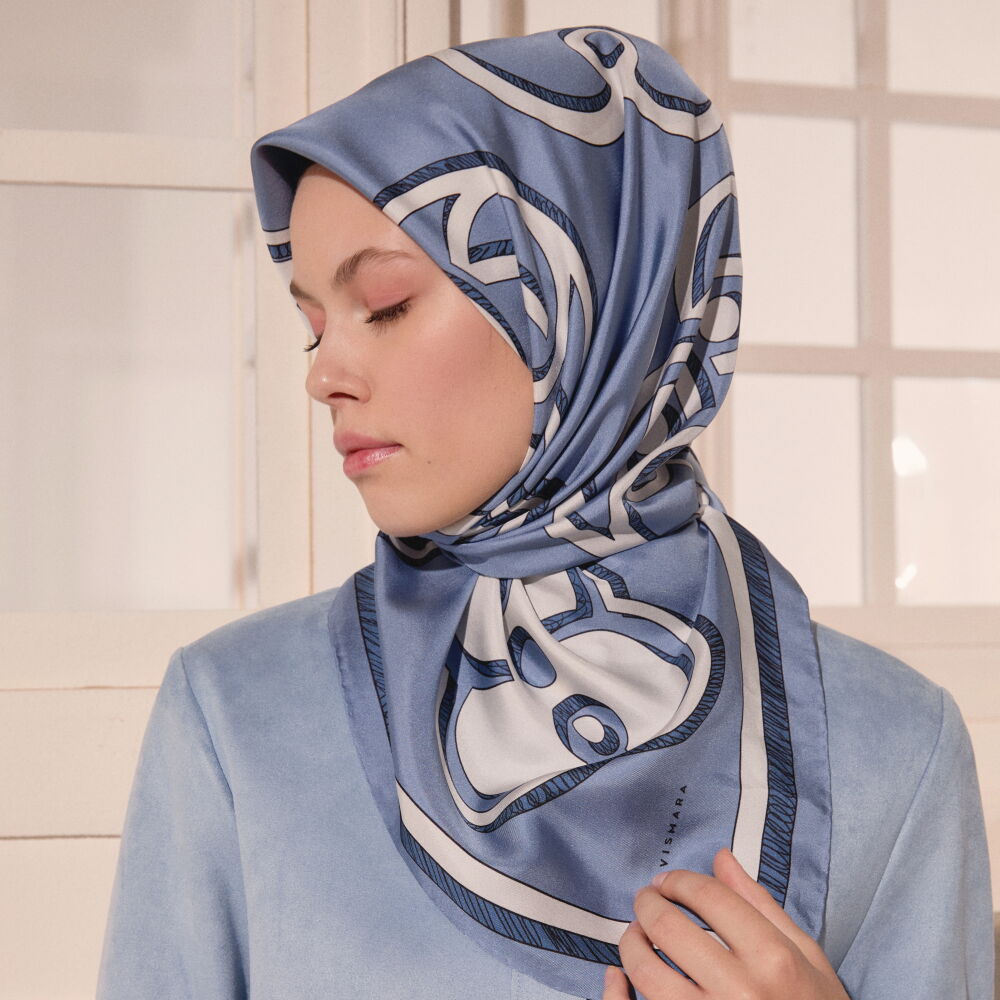 Mavi Vismara Monogram Desenli Twill İpek Eşarp - Vismara