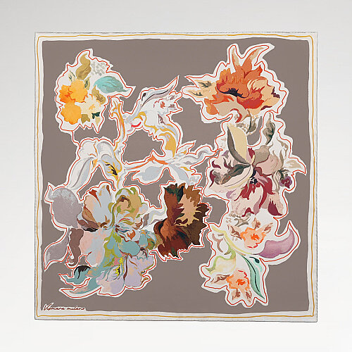 Mink Abstract Flora Pattern Twill Silk Square Scarf - Vismara