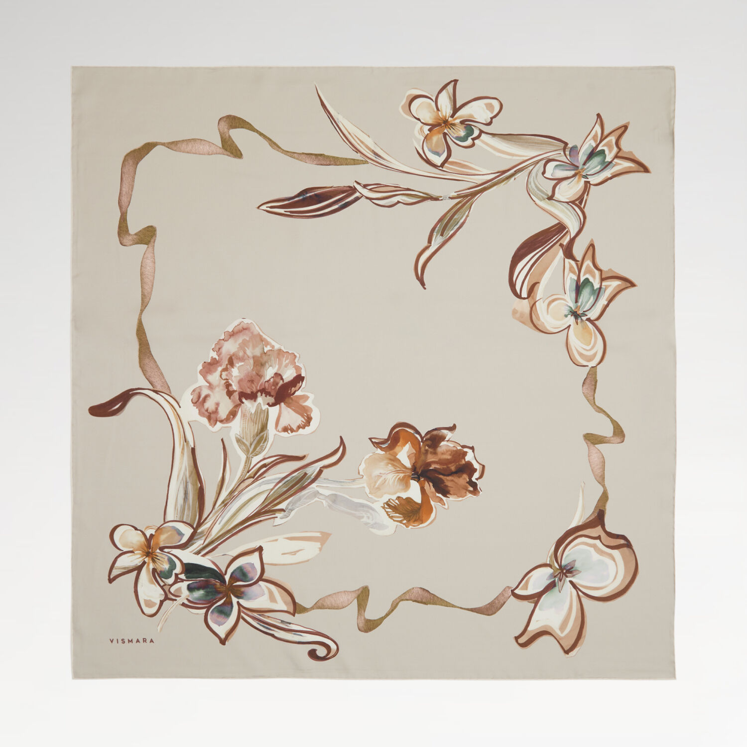 Mink Carnation and Lily Flower Patterned Twill Silk Square Scarf - 1