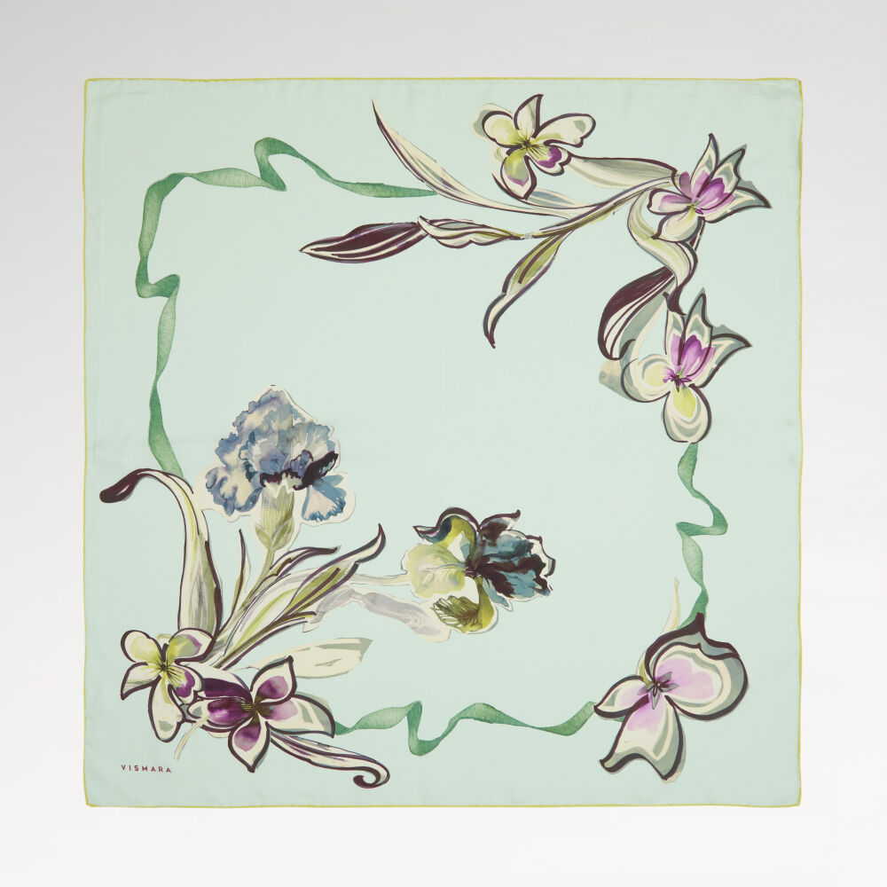 Mint Carnation and Lily Flower Patterned Twill Silk Square Scarf