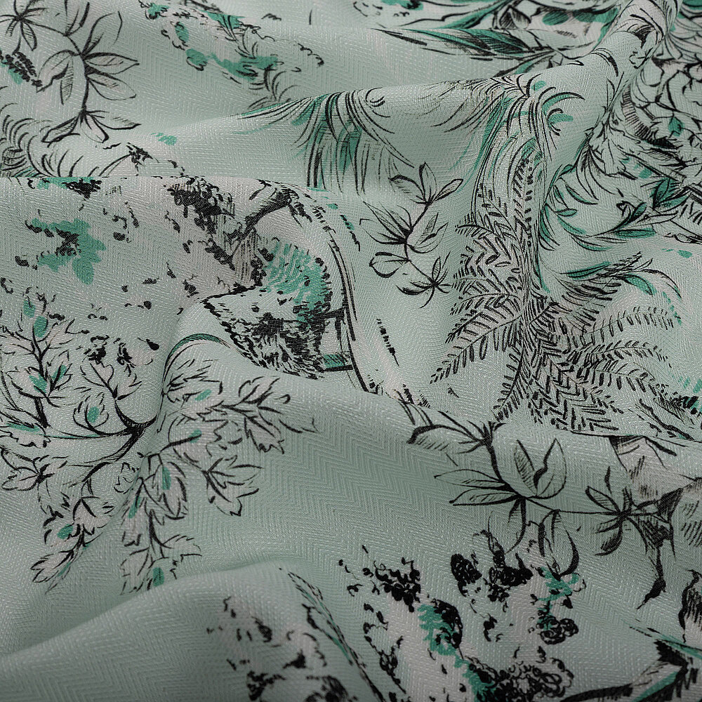 Mint Green Toile Garden Pattern Silk Scarf - 3