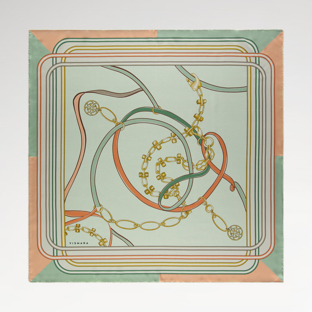 Mint Monogram ve Zincir Desenli Twill İpek Eşarp - 1