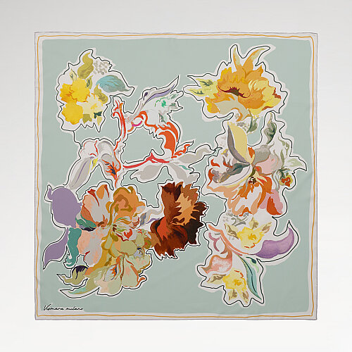 Mint Soyut Flora Desenli Twill İpek Eşarp