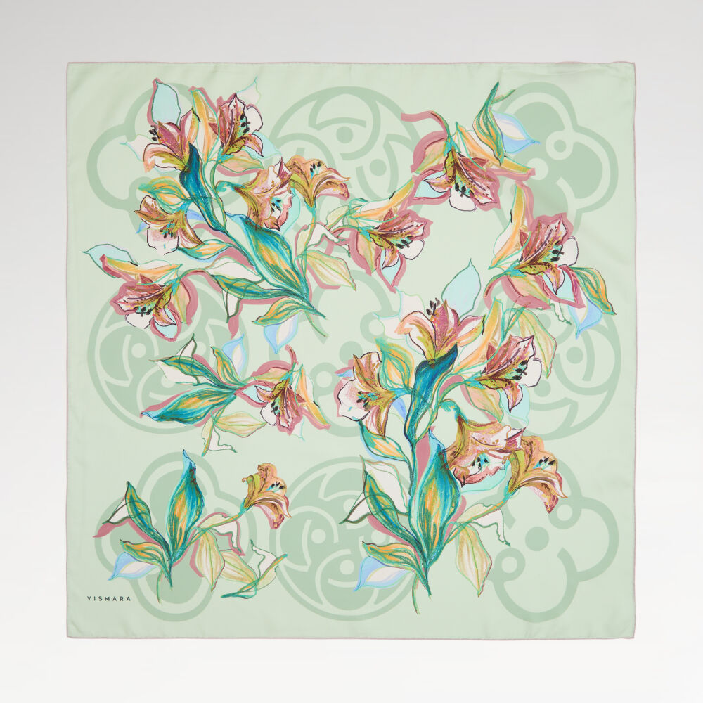 Mint Vismara Monogram Lily Flower Patterned Twill Silk Square Scarf - Vismara