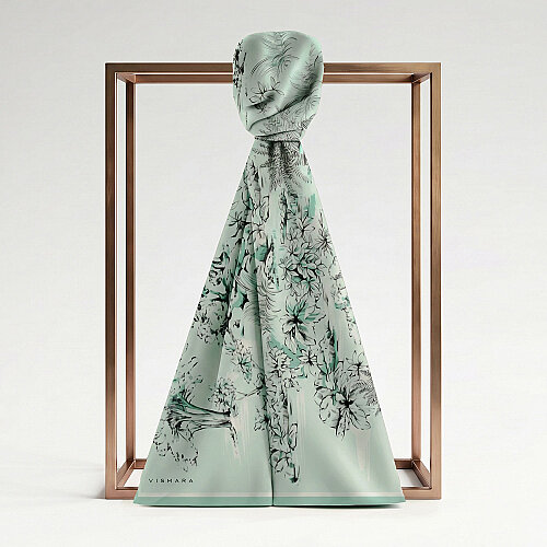 Mint Yeşili Toile Bahçe Desenli İpek Şal