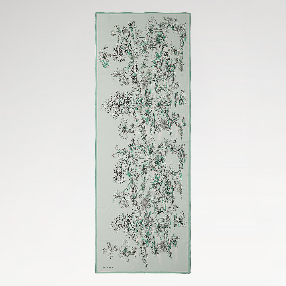 Mint Yeşili Toile Bahçe Desenli İpek Şal - 2